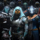 Dozens of Destiny 2 Guardians stand in a row, shrouded in darkness.